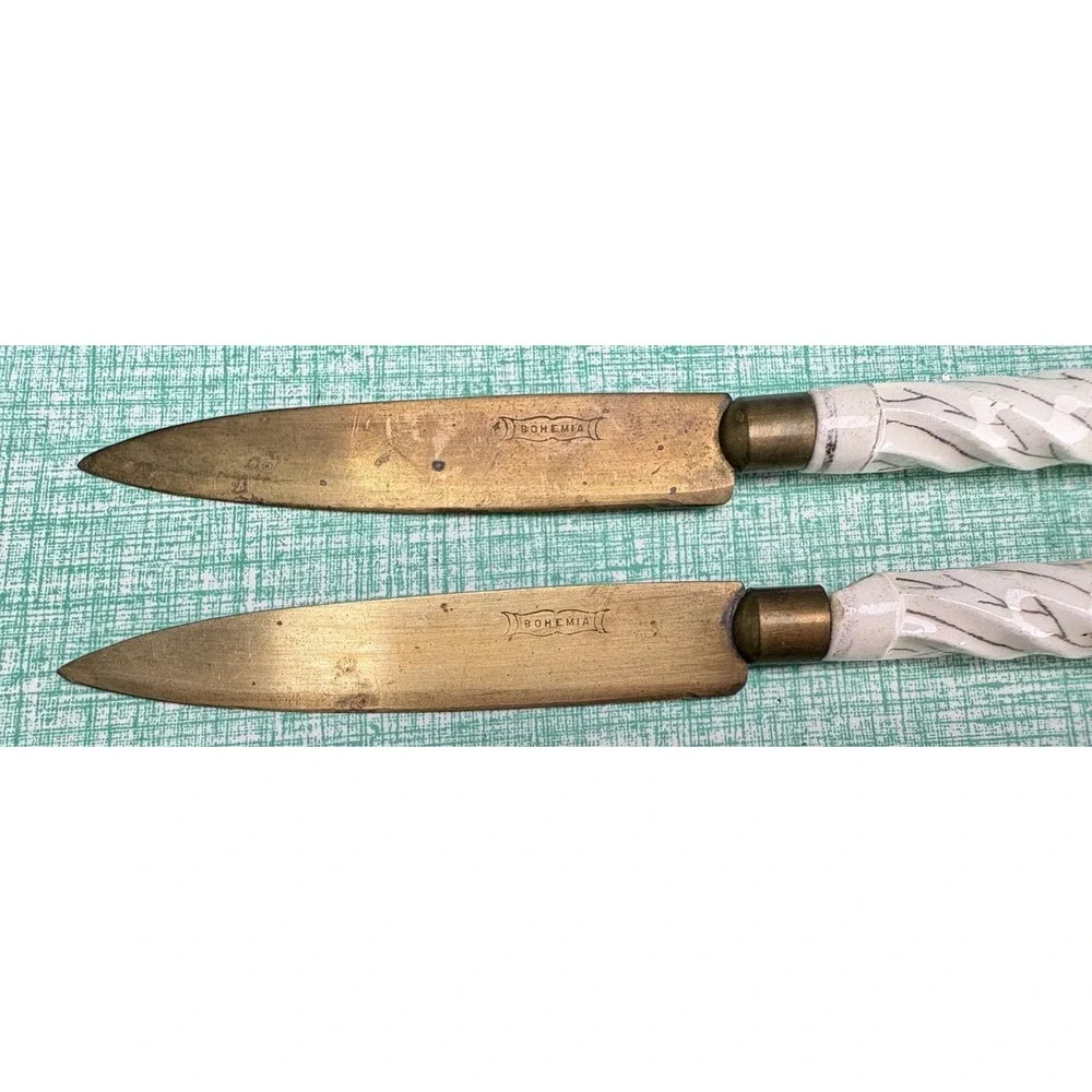 Vintage set of 6 bronze blade fruit knives Bohemia pierced porcelain handles